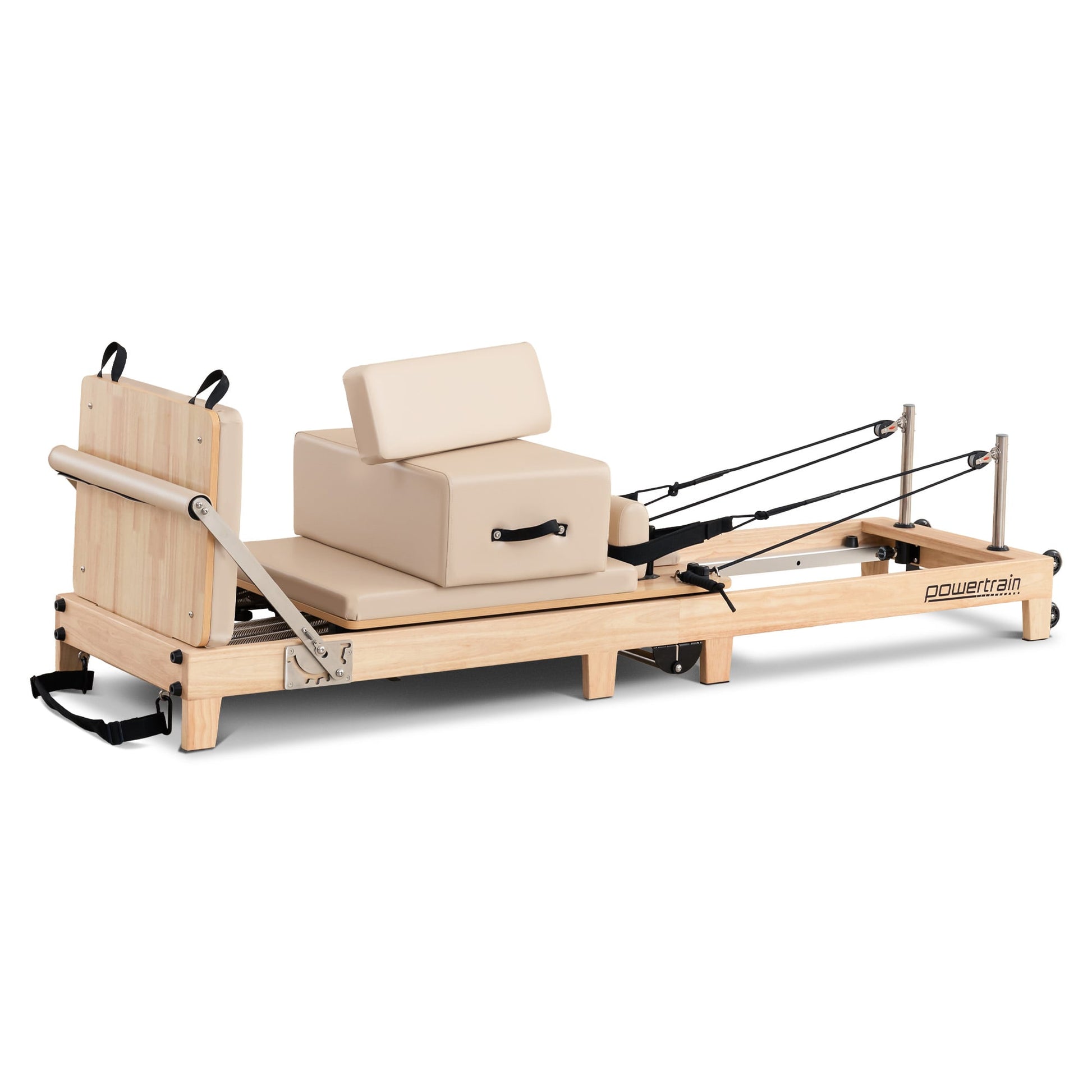 Powertrain Selina Pilates Reformer Machine with wooden frame, jumpboard, sitting box, in oak beige for home gym workouts.