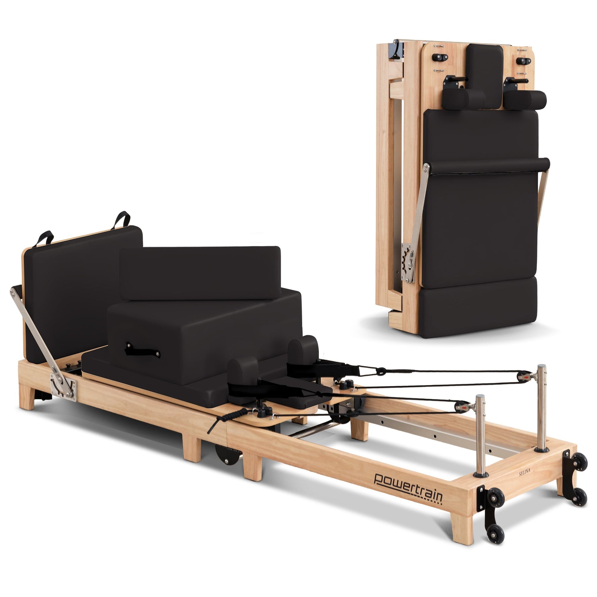 Powertrain Selina Pilates Reformer Machine with wooden frame, jumpboard, sitting box, black finish, for home gym workouts.