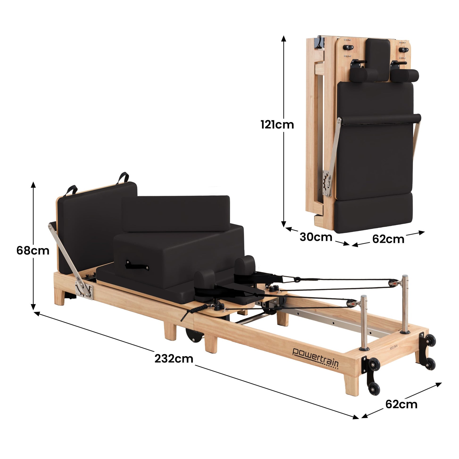 Powertrain Selina Pilates Reformer Machine with wooden frame, jumpboard, and sitting box for versatile home gym workouts