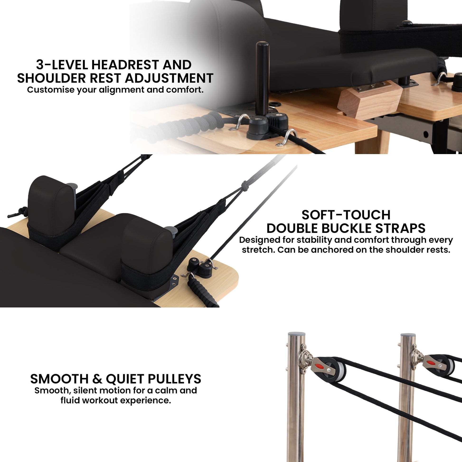 Powertrain Selina Pilates Reformer Machine in black wood with jumpboard and sitting box for home gym workouts.
