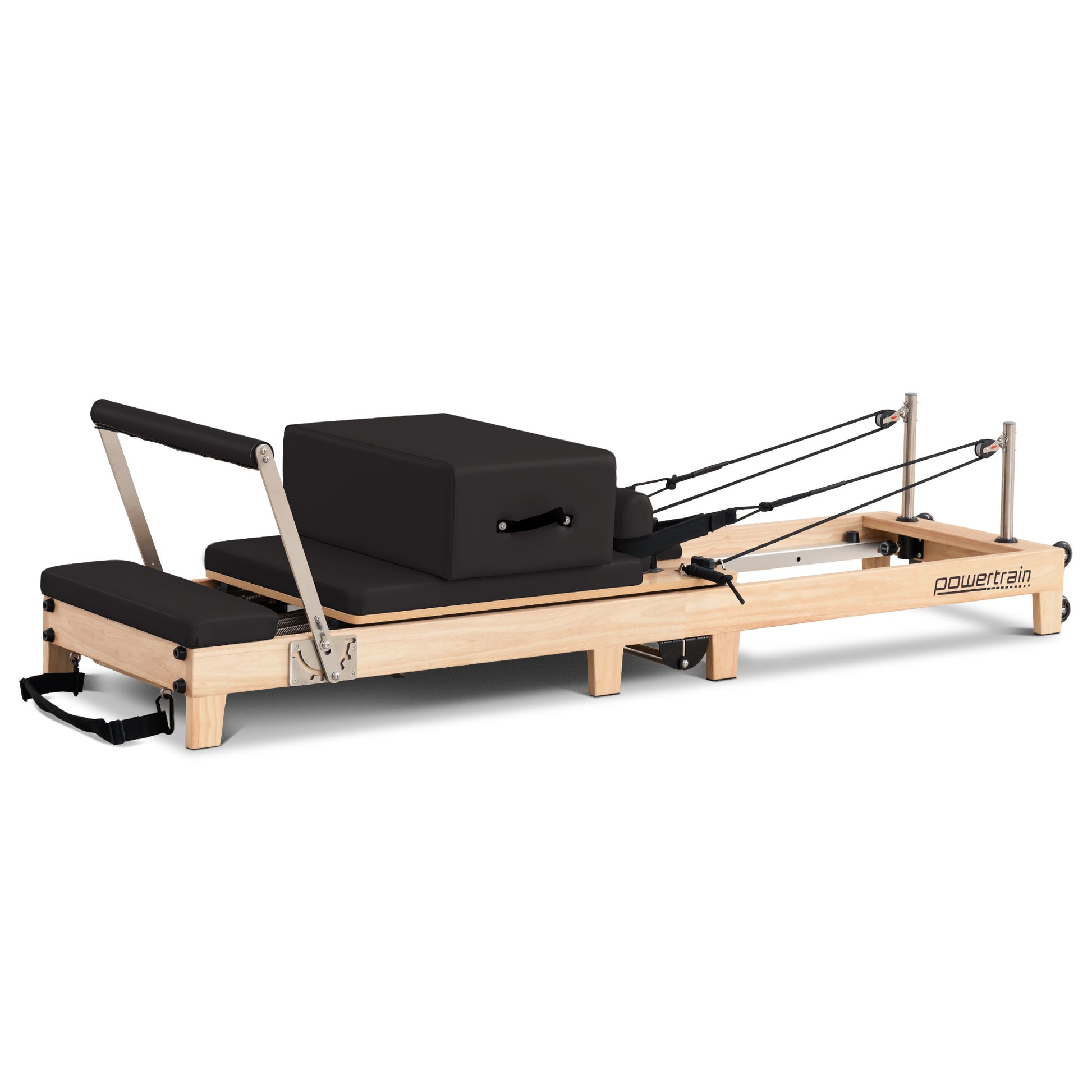Powertrain Selina Pilates Reformer Machine with wooden frame, jumpboard, and sitting box for home gym workouts in black.