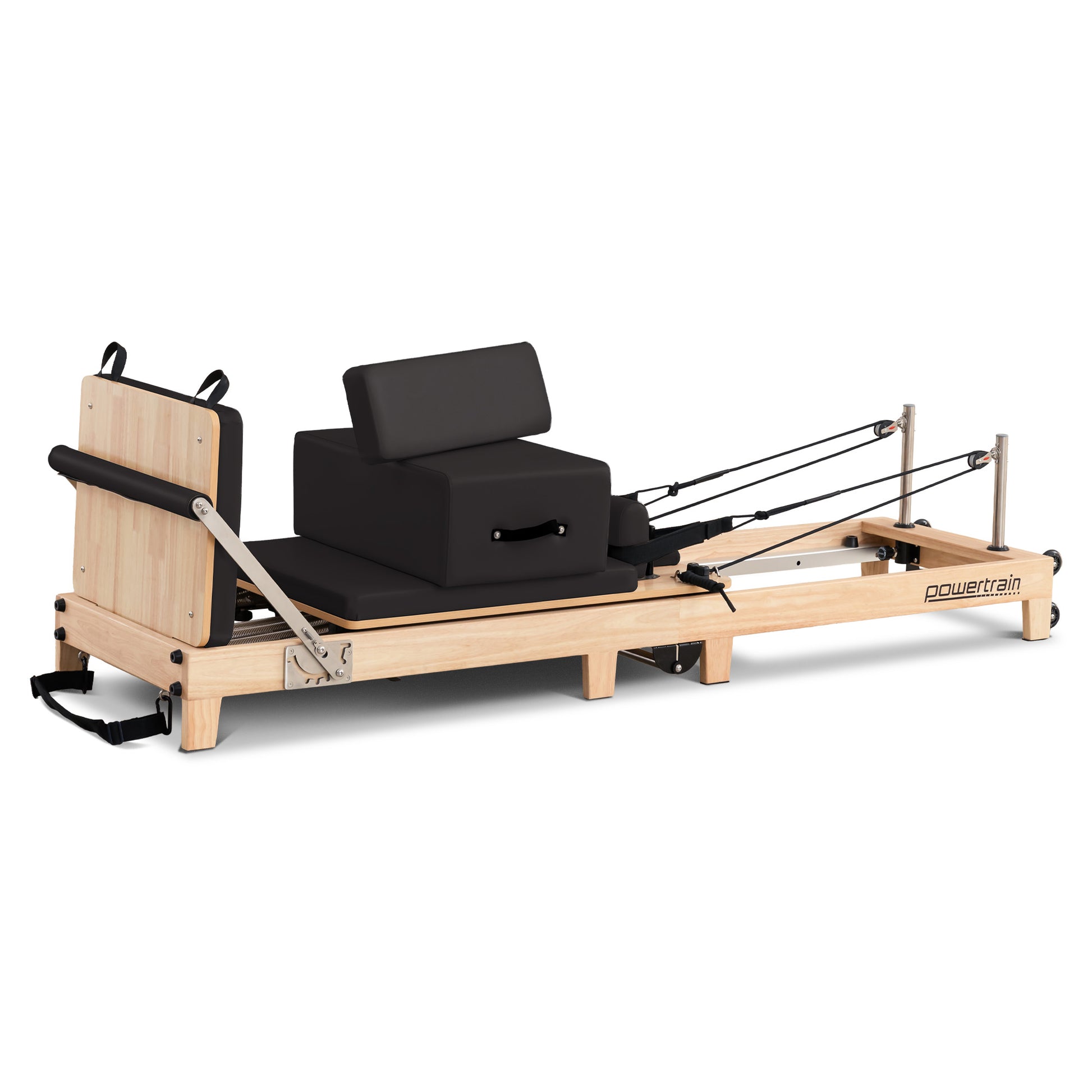 Powertrain Selina Pilates Reformer Machine in oak wood with black finish, includes jumpboard and sitting box for home gym workouts
