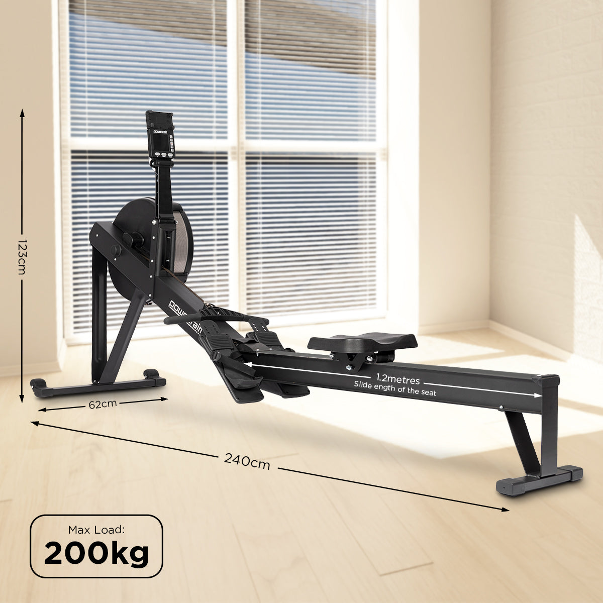 Online Fitness Depot Powertrain Air Rowing Machine for home gym cardio, featuring adjustable resistance and ergonomic seat.