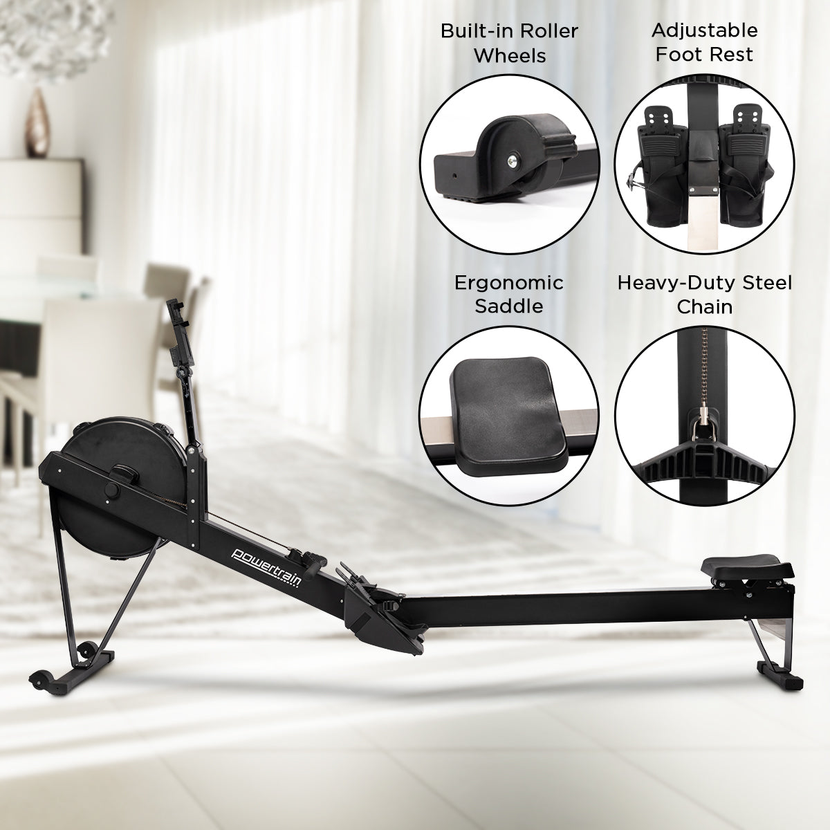 Online Fitness Depot Powertrain Air Rowing Machine for home gym cardio, featuring adjustable resistance and ergonomic design.