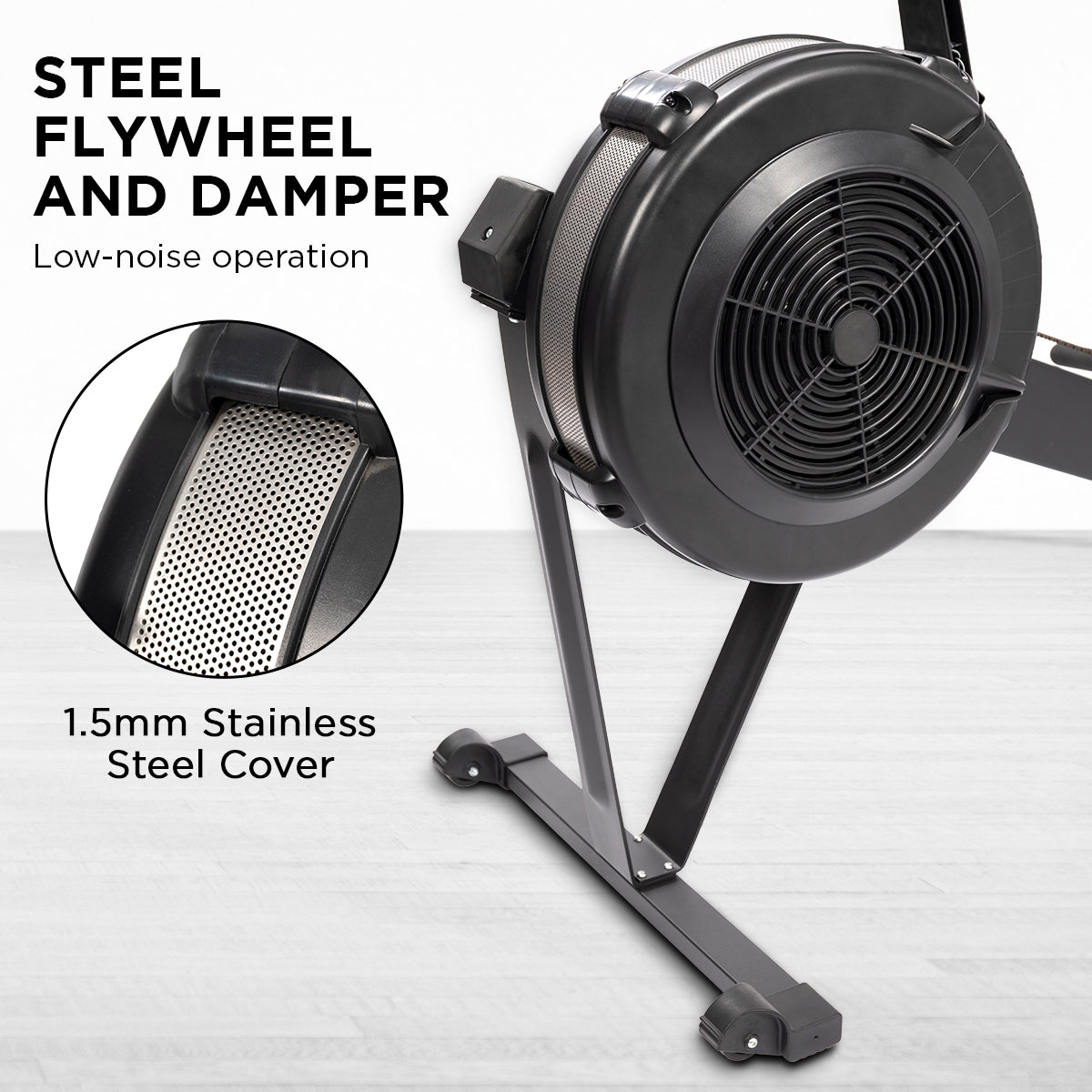 Online Fitness Depot Powertrain Air Rowing Machine for home gym cardio, featuring adjustable resistance and ergonomic seat.
