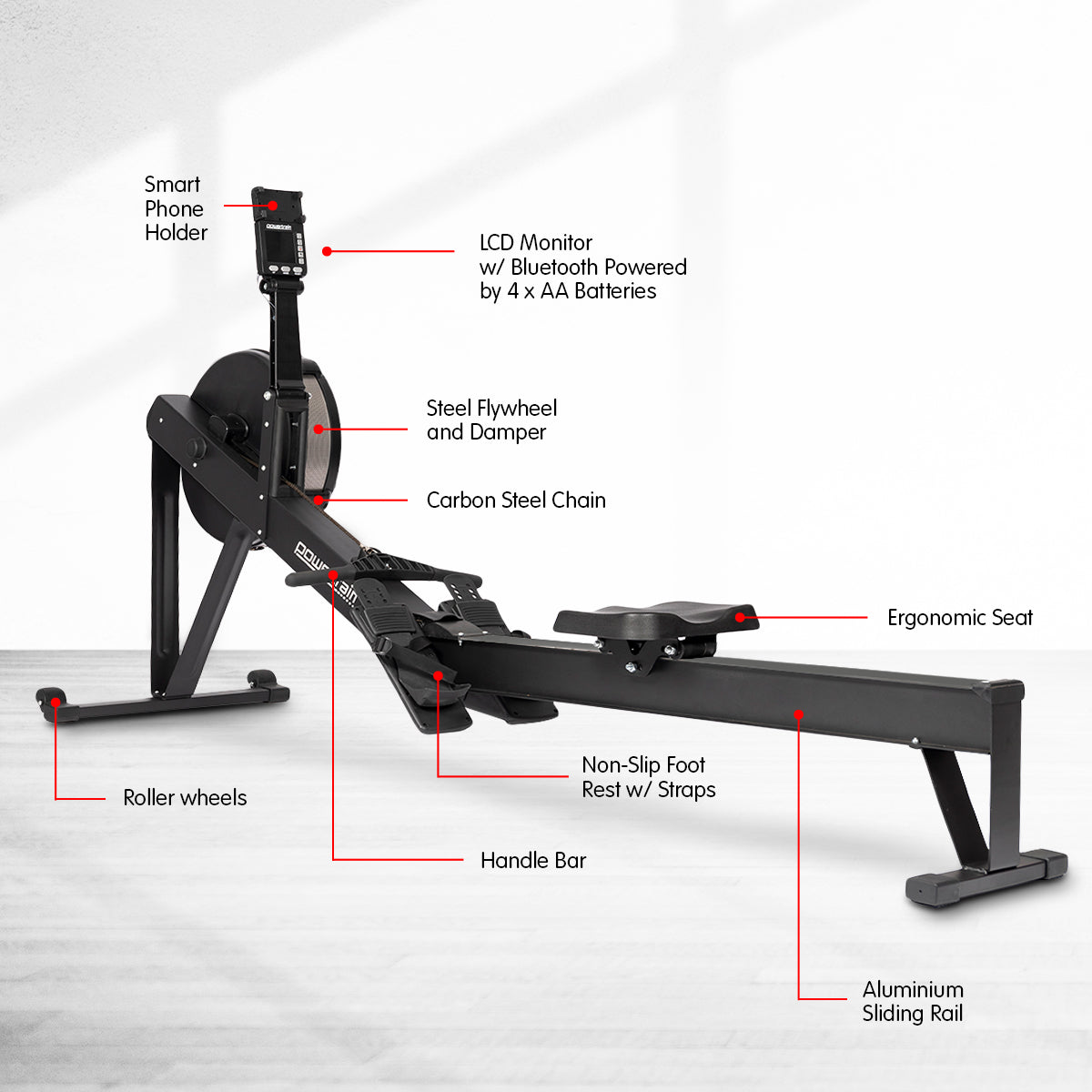 Online Fitness Depot Powertrain Air Rowing Machine for home gym cardio, featuring adjustable resistance and ergonomic seat.