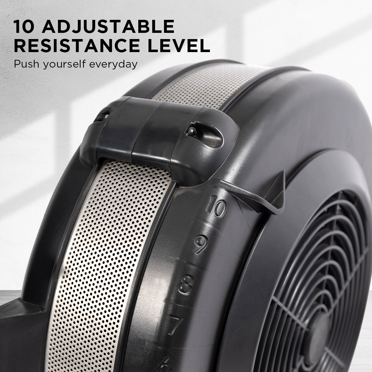 Online Fitness Depot Powertrain Air Rowing Machine for home gym cardio workout with adjustable resistance and ergonomic design.