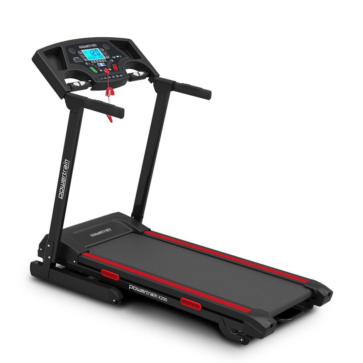 Powertrain K200 electric folding treadmill for home gym, showing running belt and control panel in a modern fitness setting.