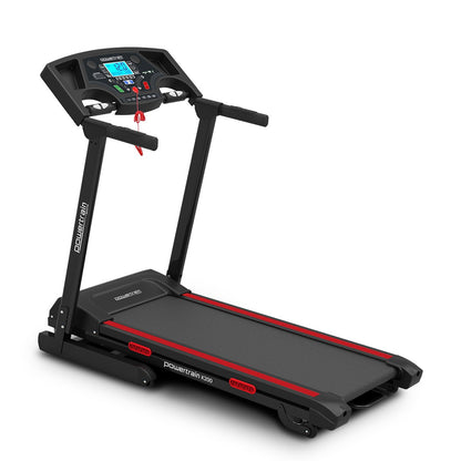 Powertrain K200 electric folding treadmill for home gym, showing running belt and control panel in a modern fitness setting.