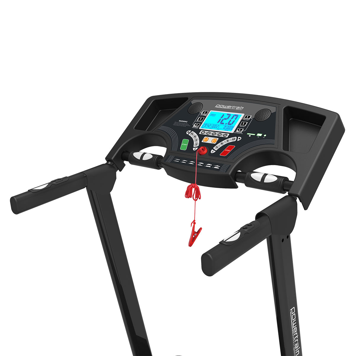 Powertrain K200 electric treadmill for home gym, folding design, with running belt and control panel, by Online Fitness Depot.