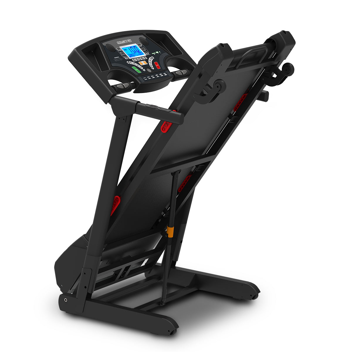 Powertrain K200 electric folding treadmill for home gym, featuring a running deck and digital display for cardio workouts