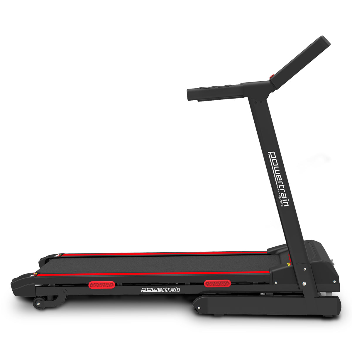 Powertrain K200 electric folding treadmill for home gym, showing the running belt and control panel in a fitness setting.