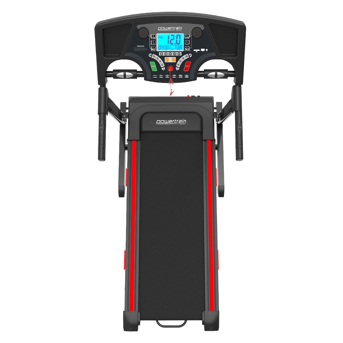 Powertrain K200 electric folding treadmill for home gym, with digital display and sturdy frame for running and walking workouts.