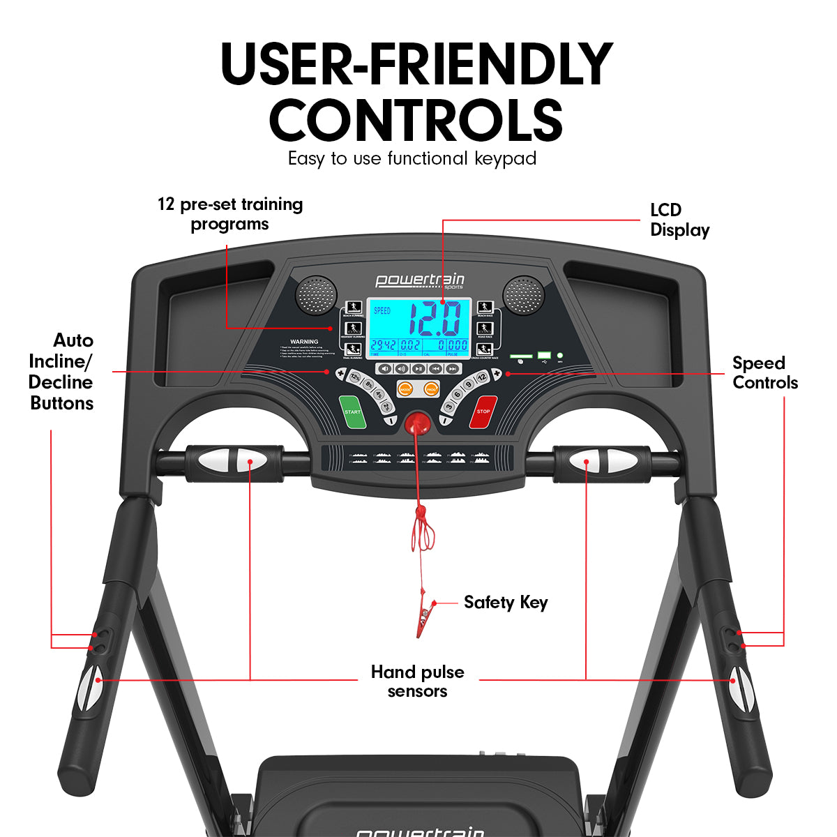 Powertrain K200 electric folding treadmill for home gym, showing running belt and control panel, by Online Fitness Depot.