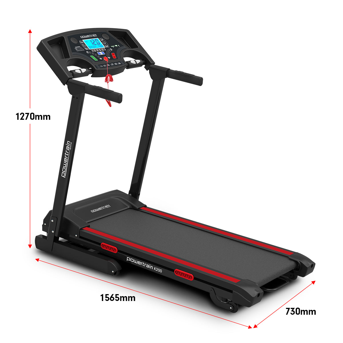 Powertrain K200 electric folding treadmill for home gym, showing running surface and control panel. Online Fitness Depot brand.
