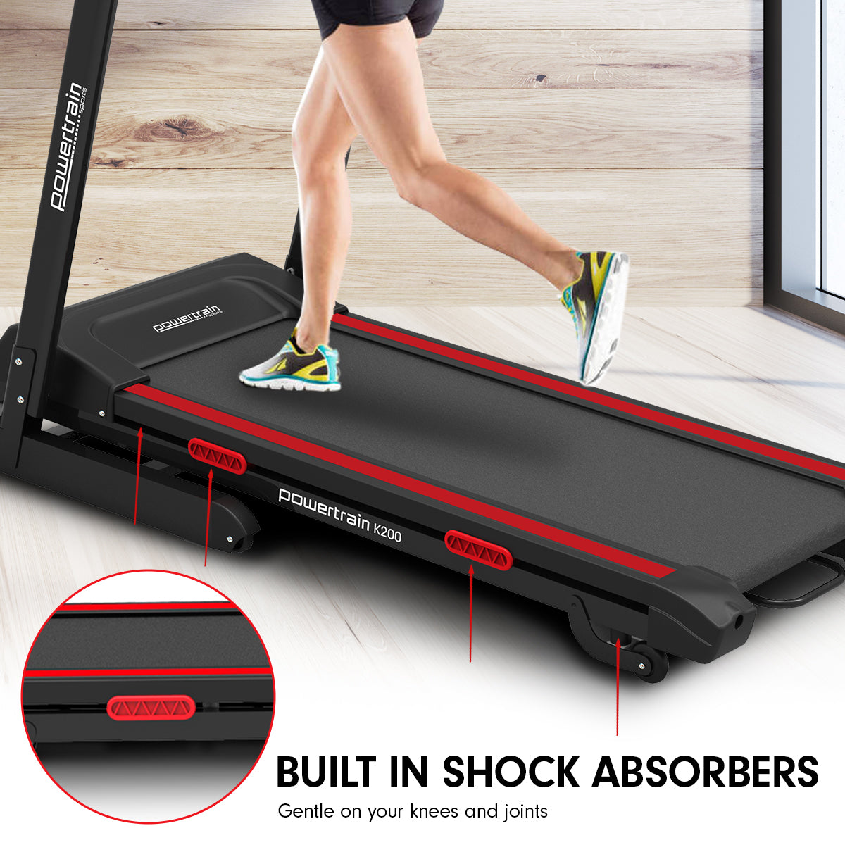 Foldable Powertrain K200 electric treadmill from Online Fitness Depot with digital display and running belt for home gym workouts.