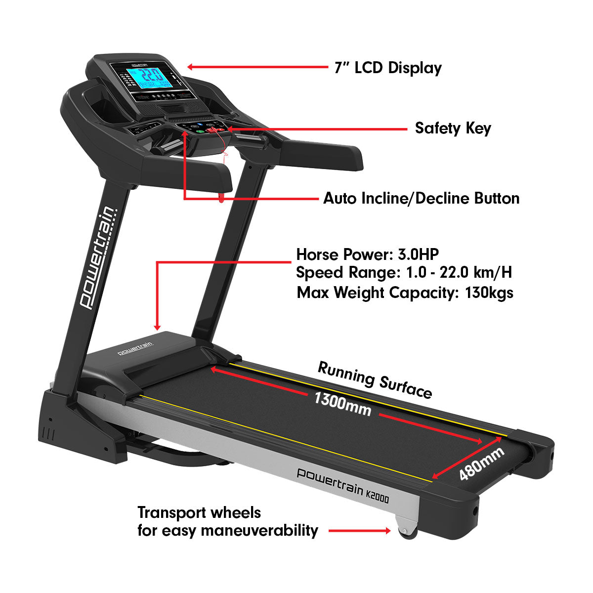Powertrain K2000 treadmill with fan and auto incline, showing digital display and running belt for home gym workouts