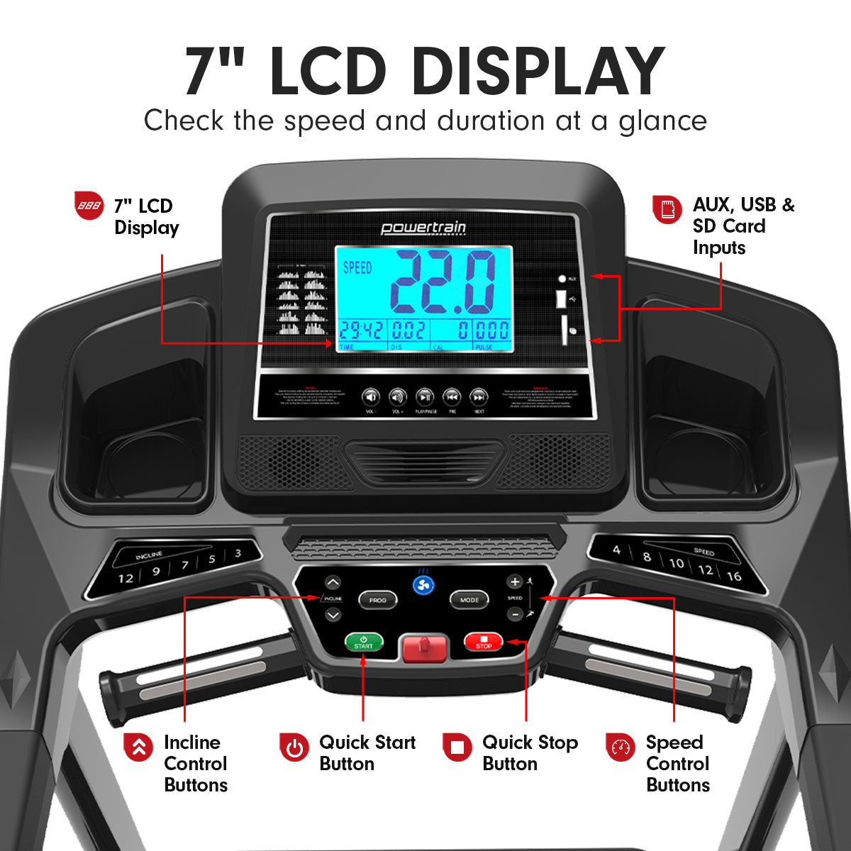 Powertrain K2000 treadmill with fan and auto incline, showing digital display and running deck for home fitness workouts