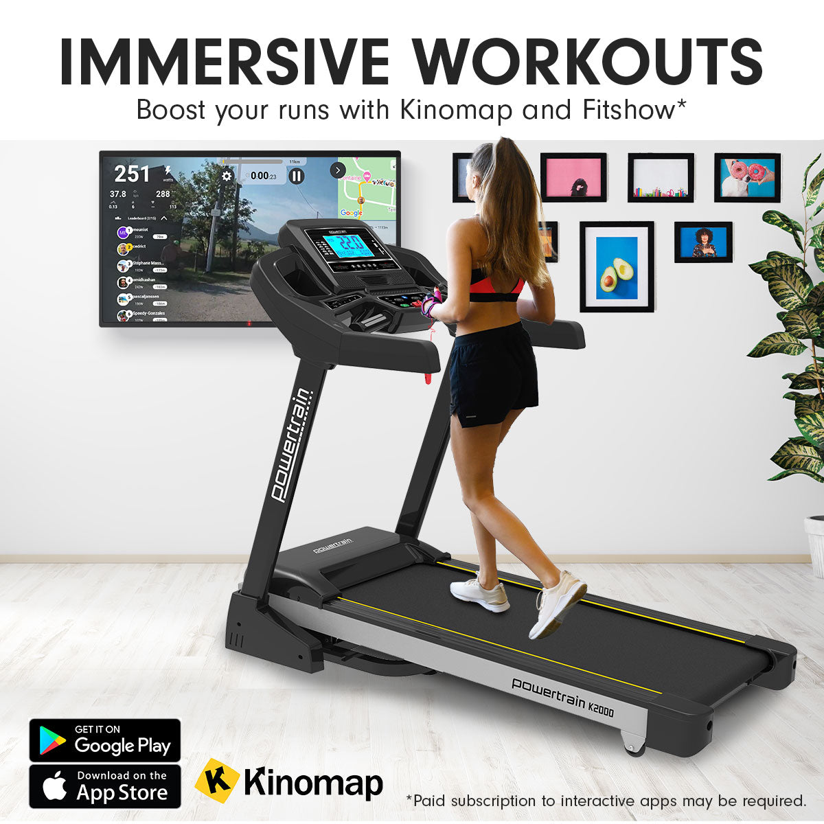 Powertrain K2000 treadmill with fan and auto incline, speed 22km/h, for home gym and fitness training.