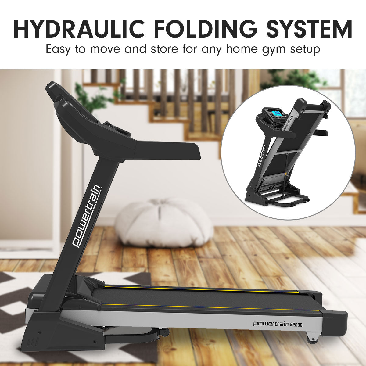 Powertrain K2000 treadmill with fan and auto incline, showing digital display and running surface for cardio workouts.