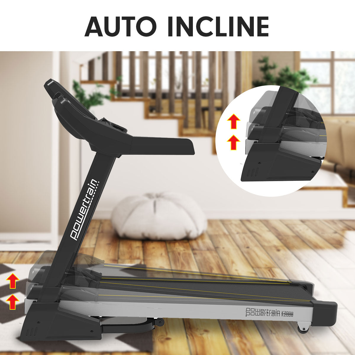 Powertrain K2000 treadmill with fan and auto incline, showing digital display and running belt for home gym workouts.