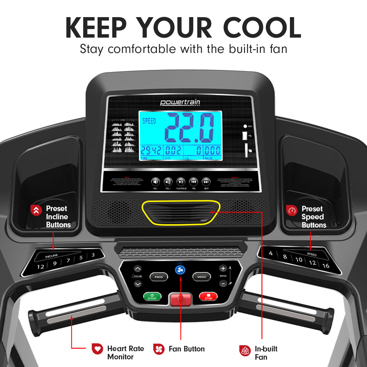 Powertrain K2000 treadmill with fan and auto incline, showing digital display and running belt for fitness training