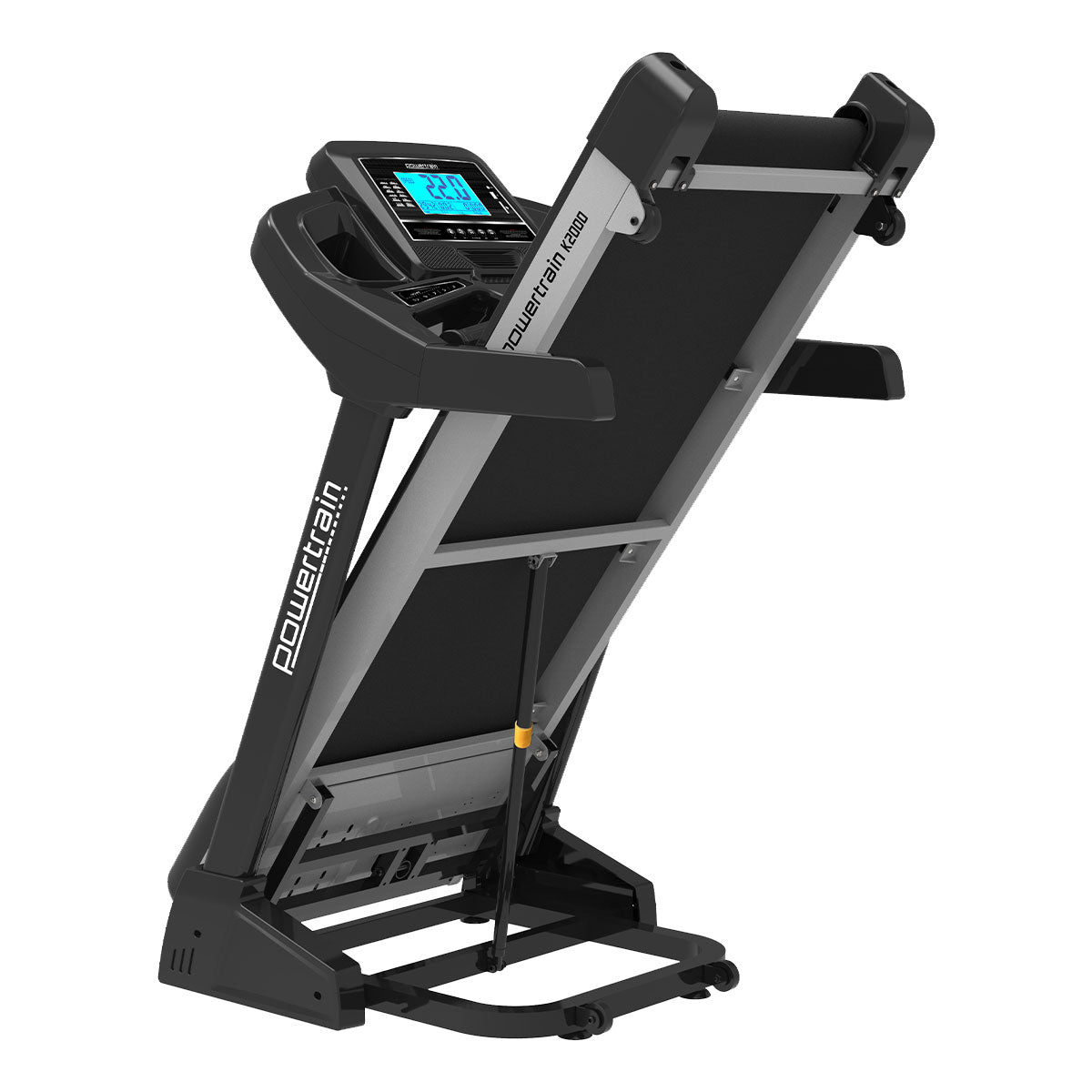 Powertrain K2000 treadmill with fan and auto incline, showing speed controls and digital display for sports and fitness training.