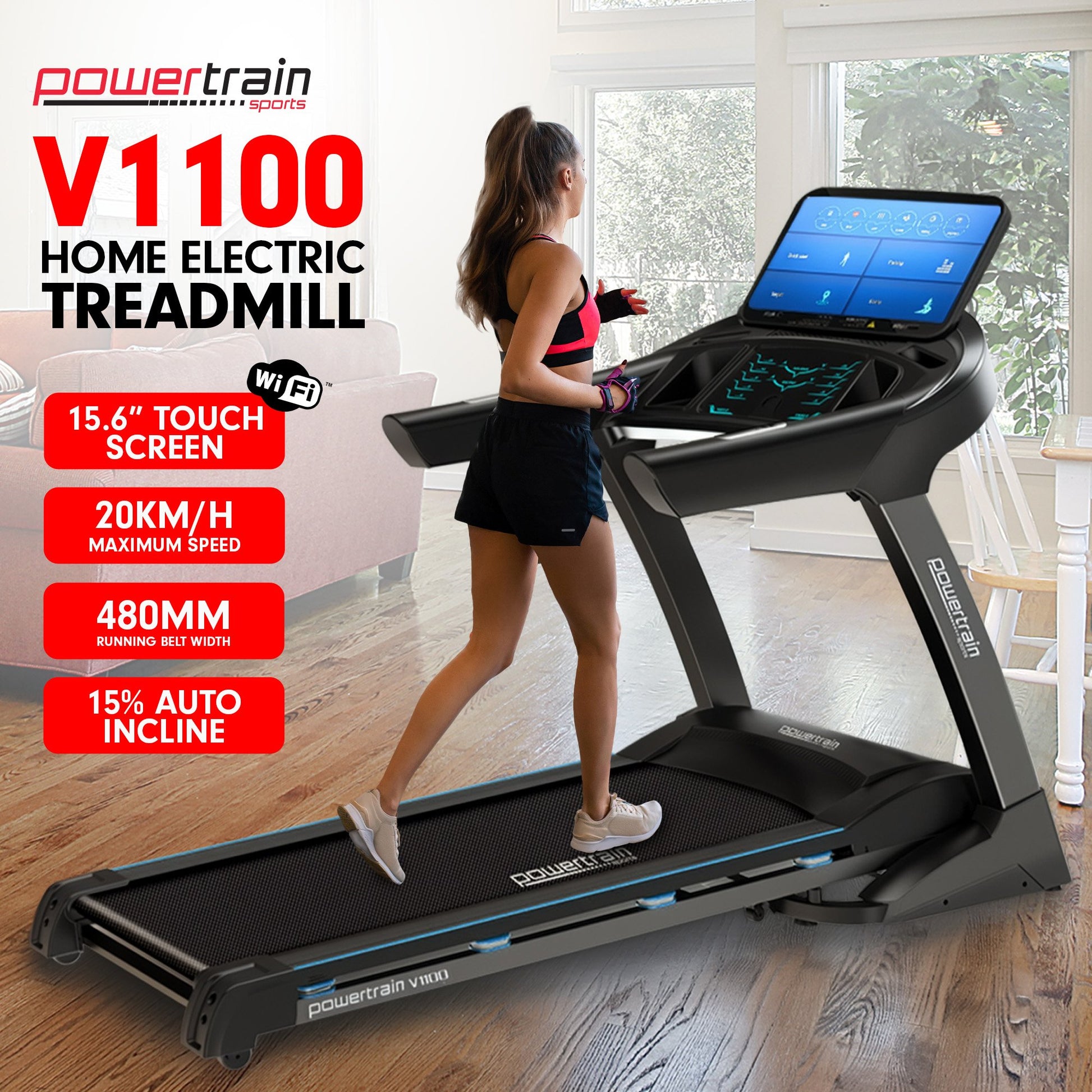 Powertrain V1100 treadmill with WiFi touch screen and incline for gym and fitness training, displayed in a modern workout setting.