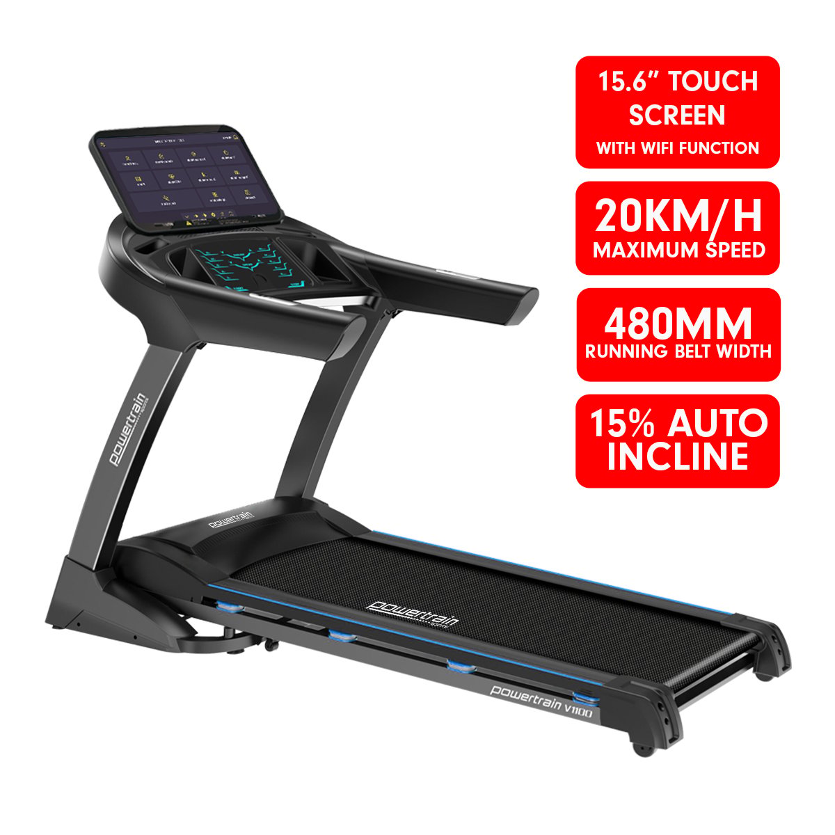 Powertrain V1100 treadmill with WiFi touchscreen display and adjustable incline for home gym workouts.
