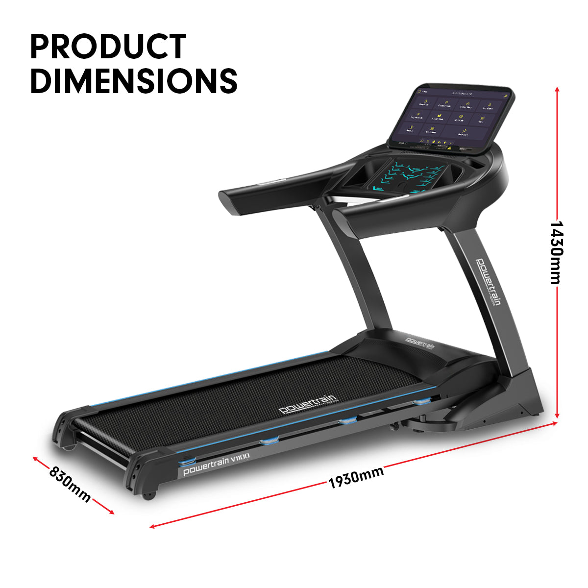 Powertrain V1100 treadmill with Wi-Fi touchscreen and incline, suitable for home gym and fitness training.