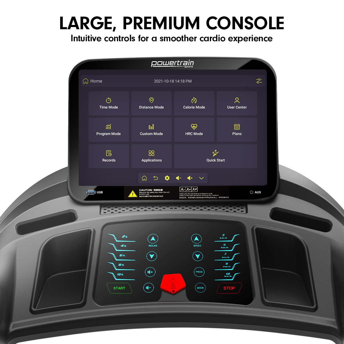 Powertrain V1100 treadmill with WiFi touchscreen, incline feature, and sturdy frame for home gym exercise and fitness training.