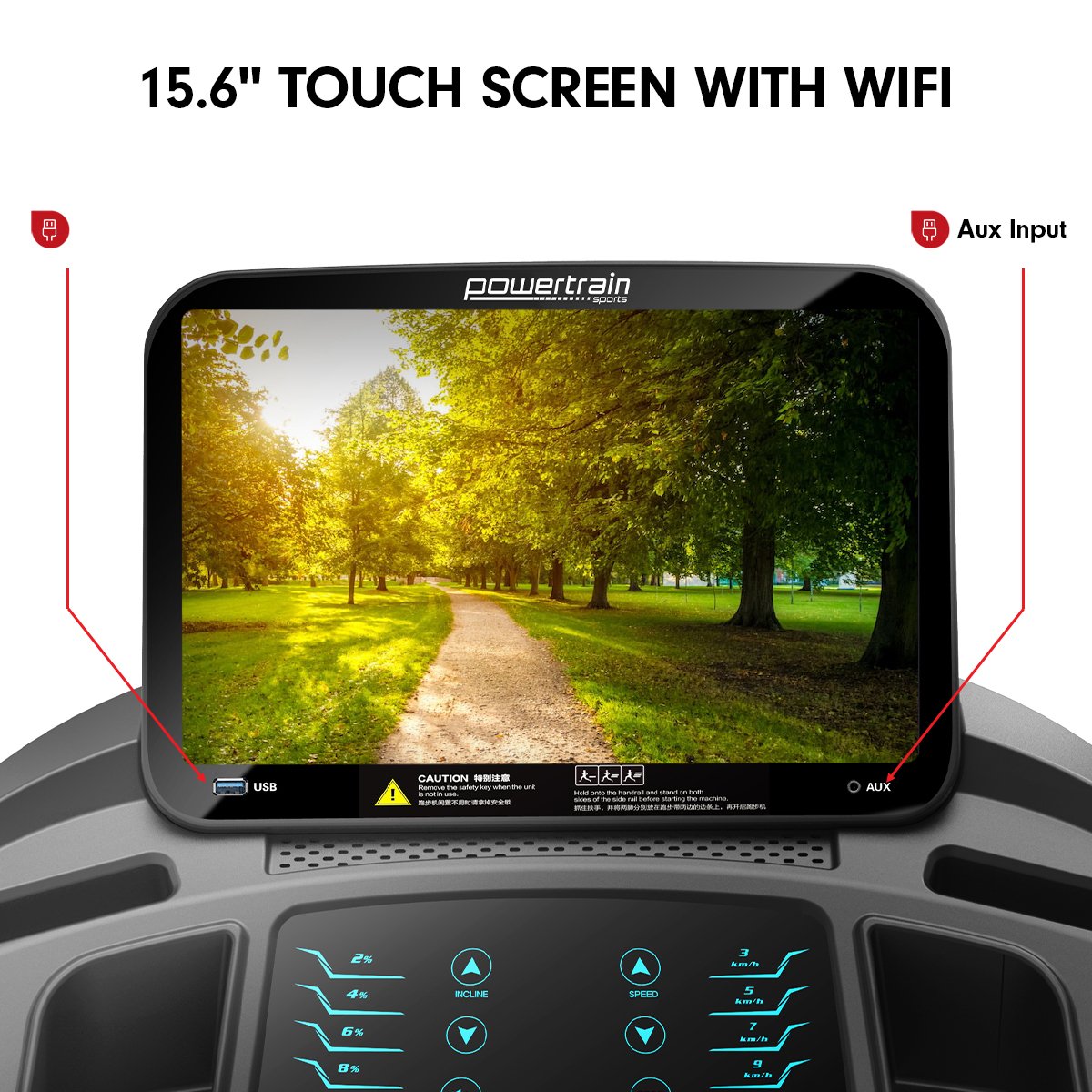 Powertrain V1100 treadmill with WiFi touchscreen display and incline feature, suitable for home gym workouts.