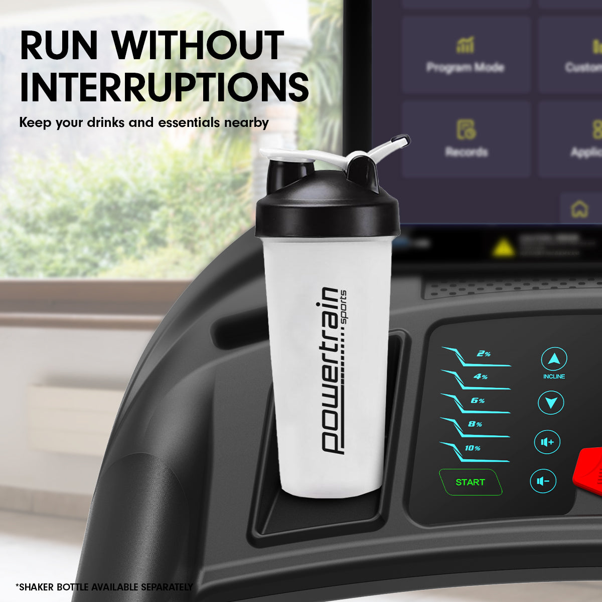 Powertrain V1100 treadmill with Wi-Fi touchscreen and incline feature for cardio exercise in a gym setting.