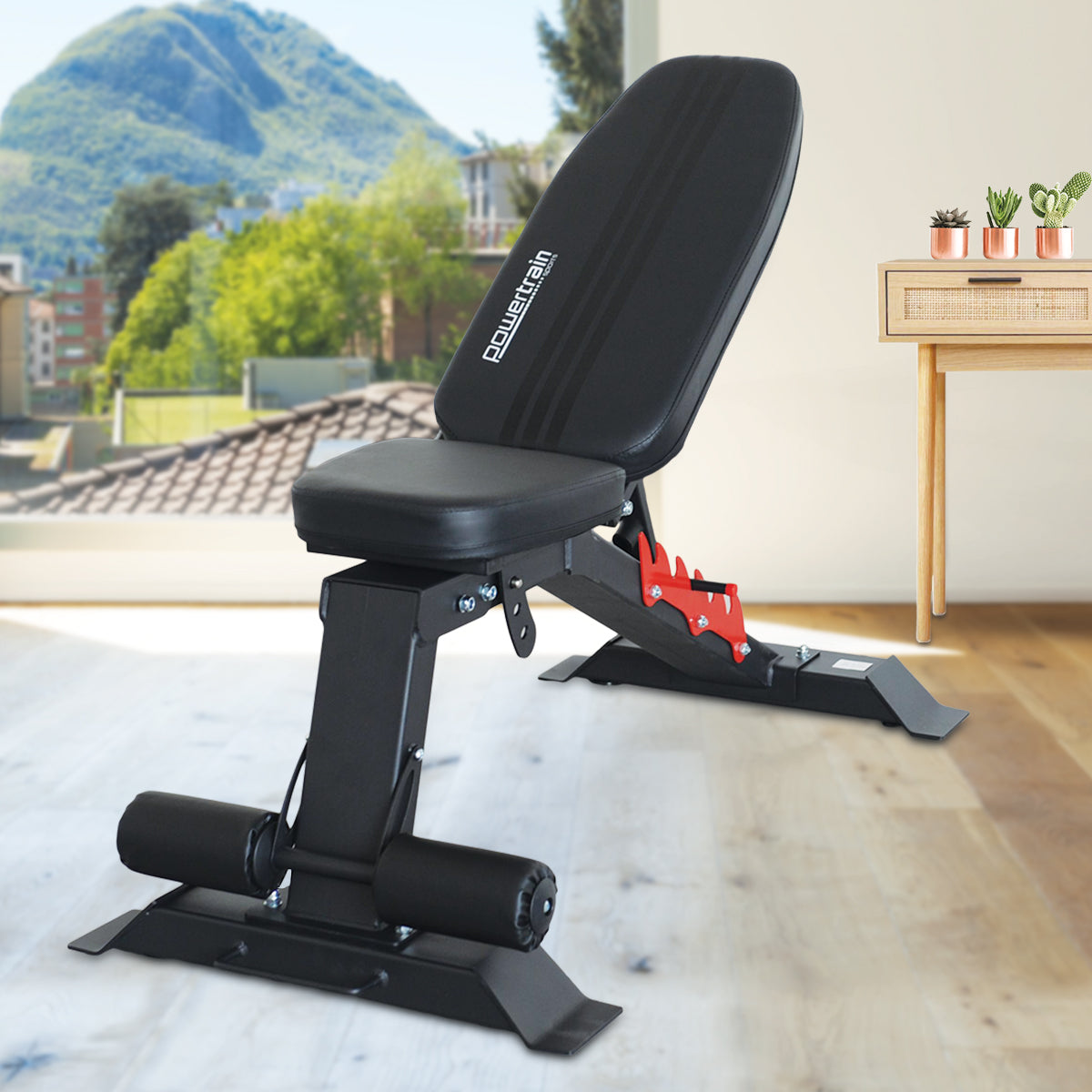 Adjustable Powertrain home gym dumbbell bench with padded seat and backrest for strength training exercises.