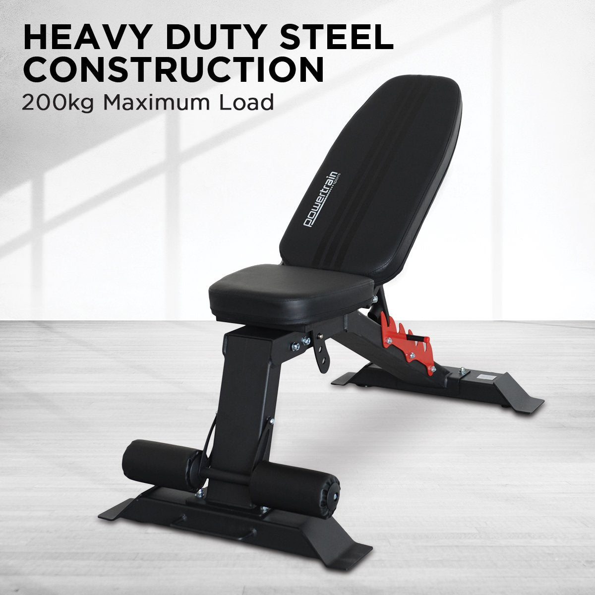 Adjustable Powertrain Home Gym bench with padded seat and backrest for strength training and versatile workouts.