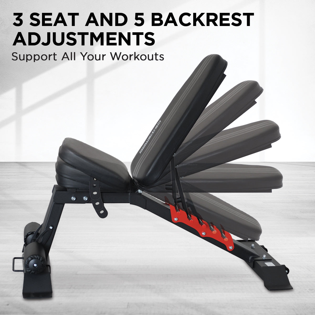 Adjustable Powertrain Home Gym Dumbbell Bench with padded seat and backrest for versatile strength training exercises.