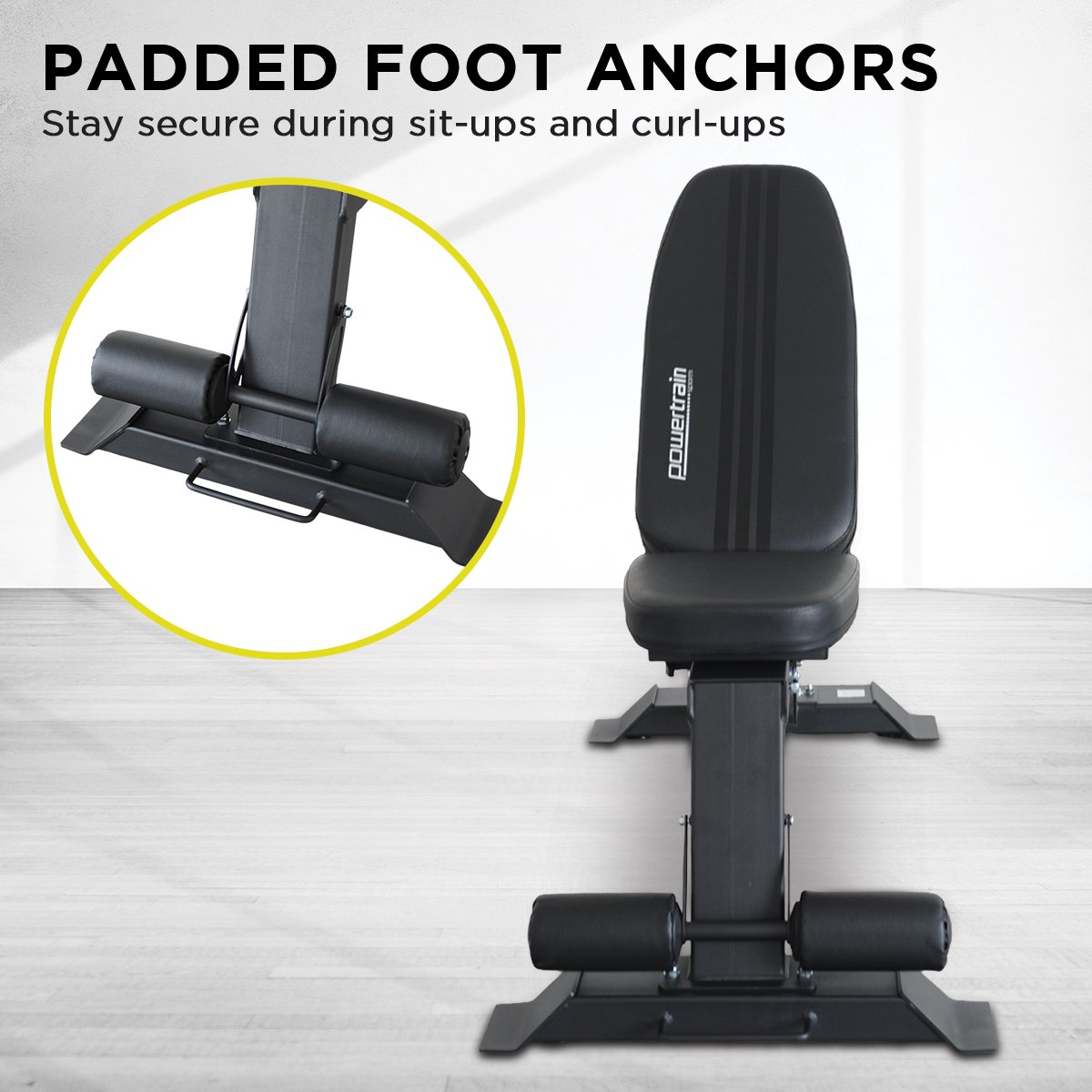 Adjustable Powertrain Home Gym Dumbbell Bench with padded seat and backrest for versatile strength training exercises.