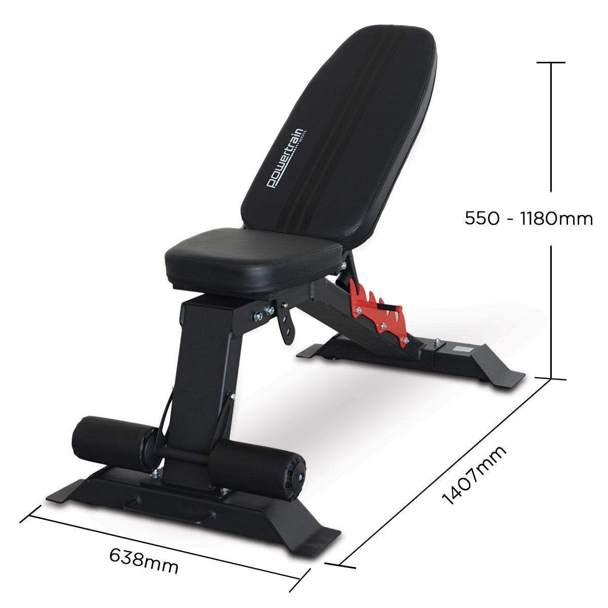 Adjustable Powertrain Home Gym Dumbbell Bench with padded seat and backrest for versatile strength training exercises.