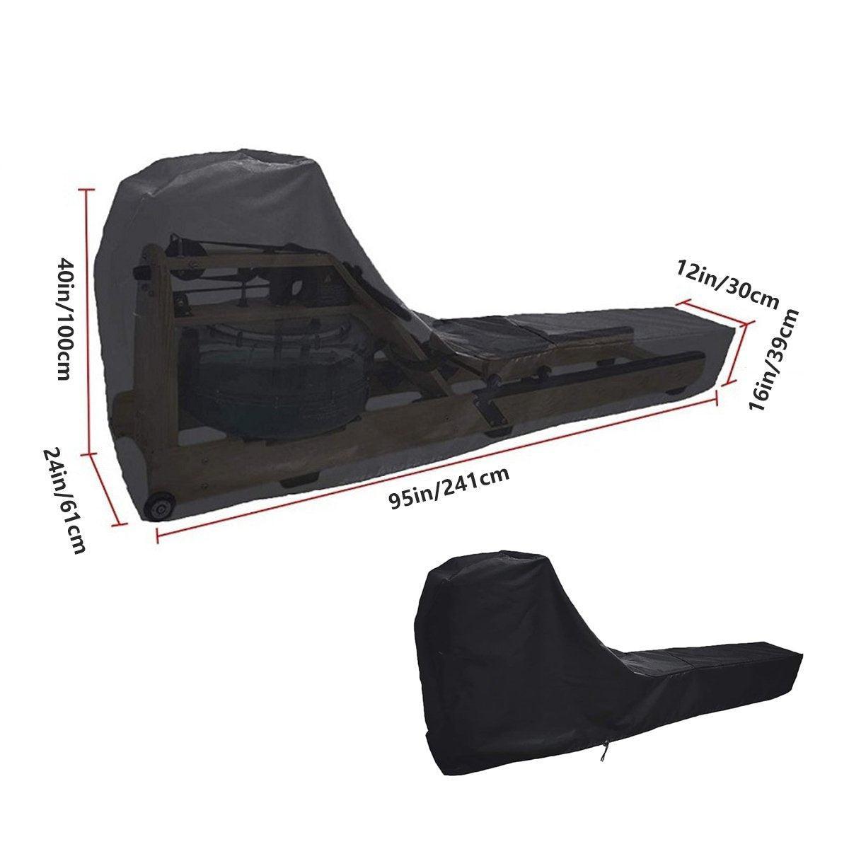 Black waterproof rowing machine cover by Online Fitness Depot protects gym equipment from dust and moisture.