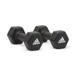 Pair of 3kg Adidas dumbbells for weight lifting and strength training, shown with black handles and metallic weights.