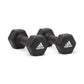 Pair of 3kg Adidas dumbbells for weight lifting and gym workouts, featuring black handles and compact design for strength training.