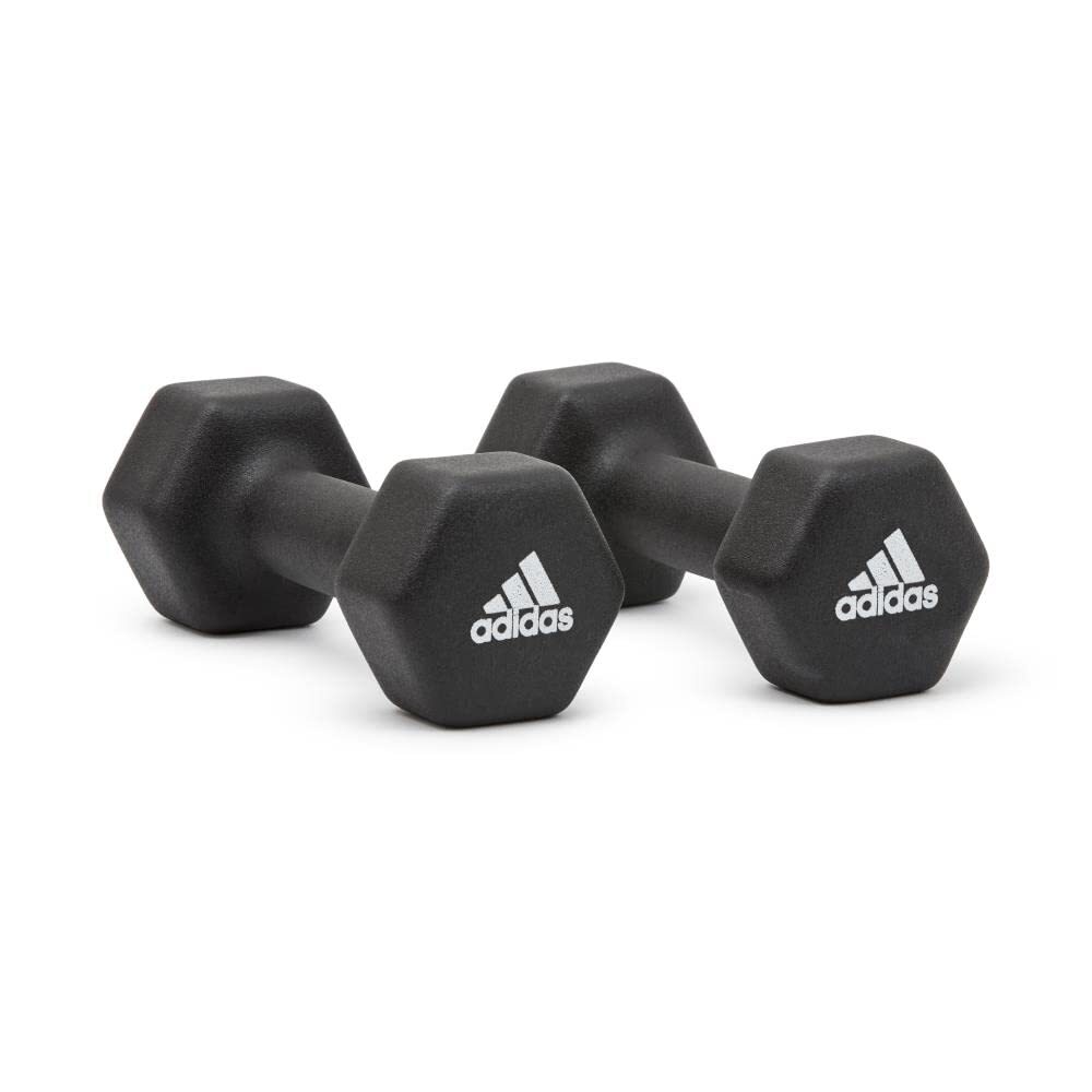 Pair of 3kg Adidas dumbbells for weight lifting and gym workouts, featuring black handles and compact design for strength training.