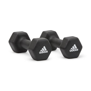 Pair of 3kg Adidas dumbbells for weight lifting and gym workouts, featuring black handles and compact design for strength training.