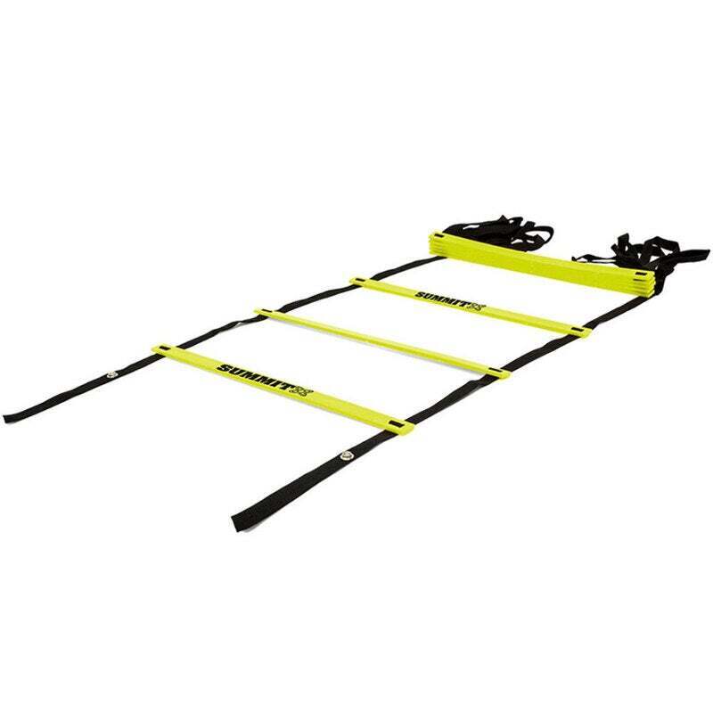 Online Fitness Depot Summit 4M speed soccer agility ladder for sports training and fitness, with colorful rungs on a gym floor.