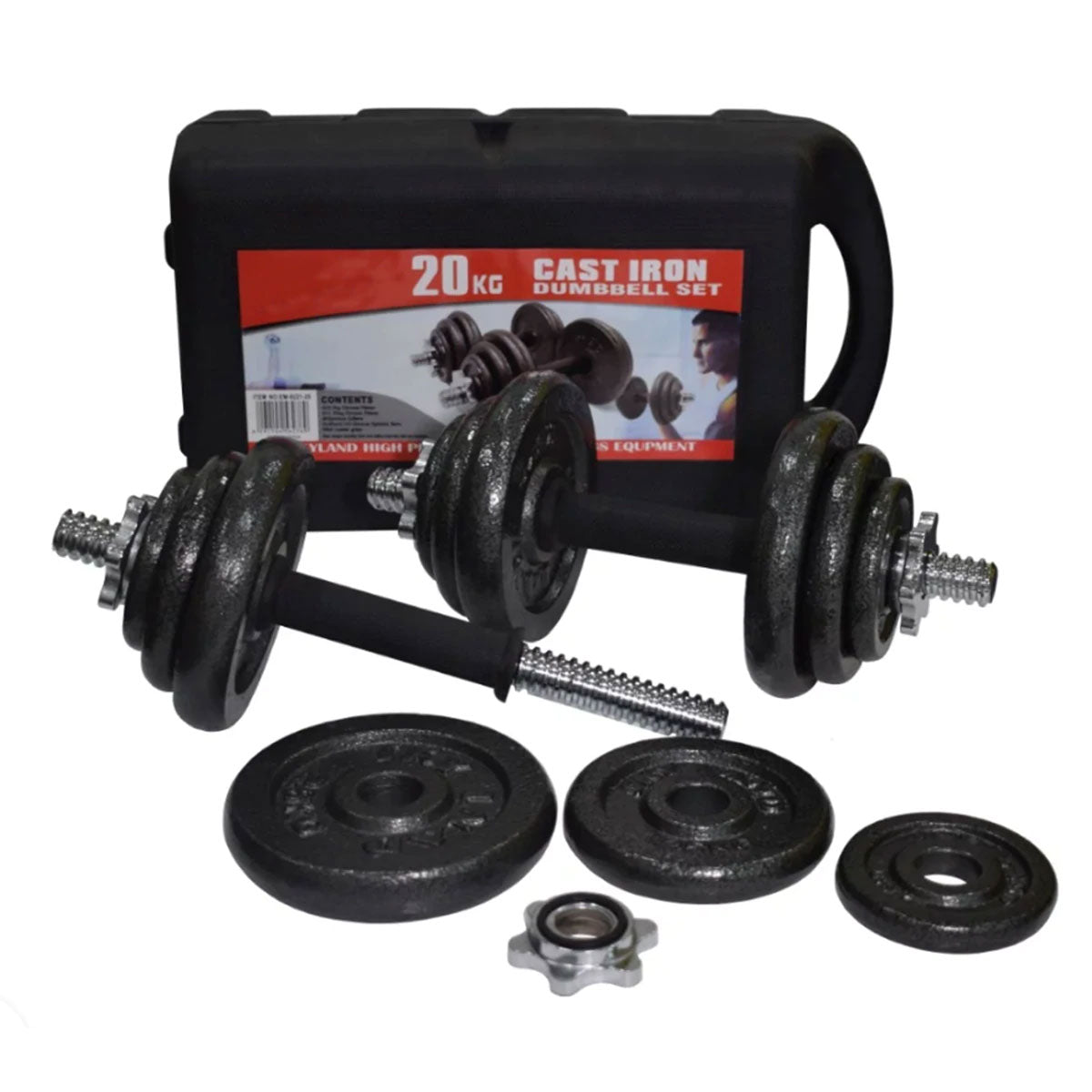 20kg cast iron dumbbell set with black weights and handle, ideal for home gym strength training by Online Fitness Depot.