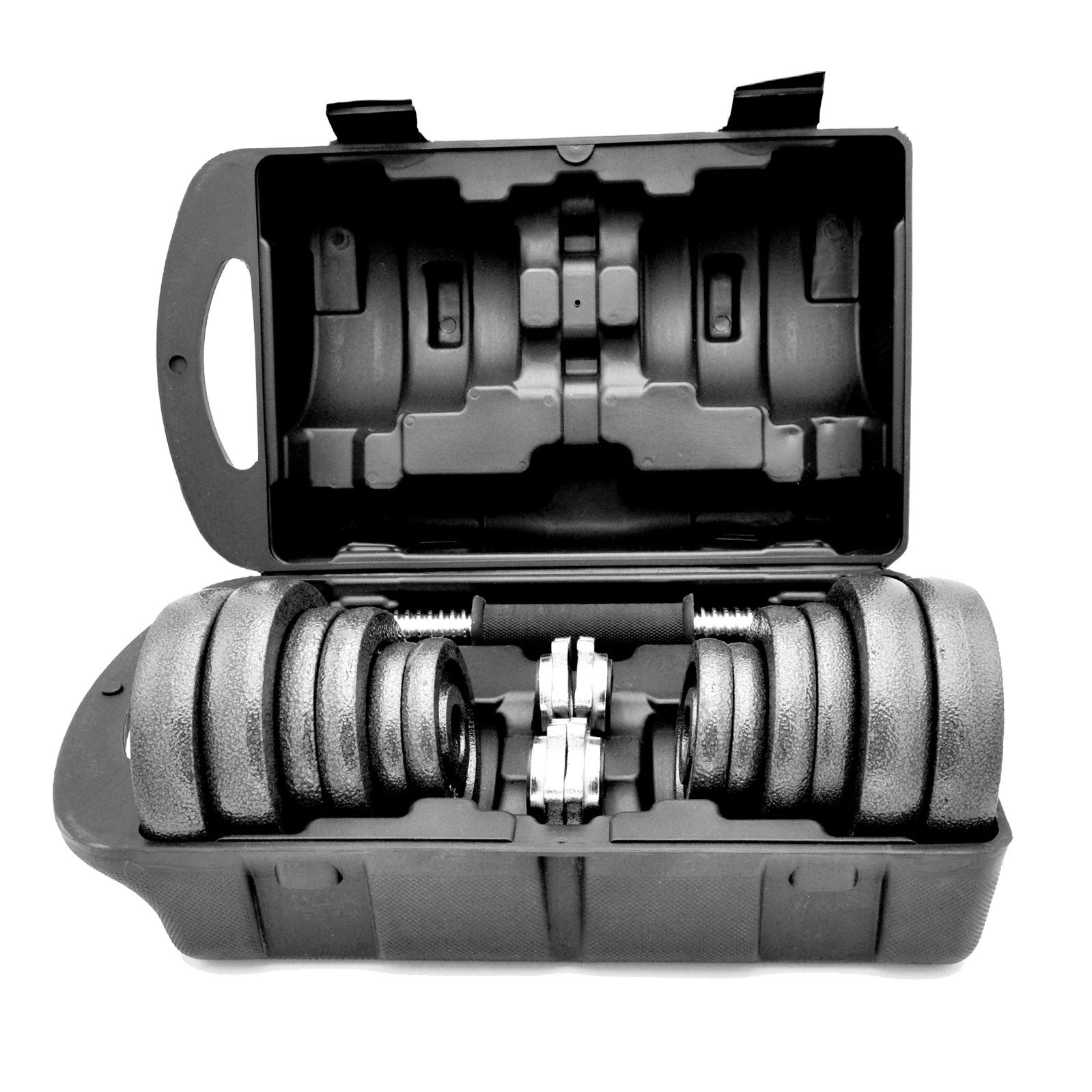 Online Fitness Depot 20kg cast iron dumbbell set with black weights and handle for home gym strength training and fitness.