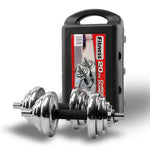 20kg chrome dumbbell set with matching weight plates and storage case for home gym fitness training by Online Fitness Depot.
