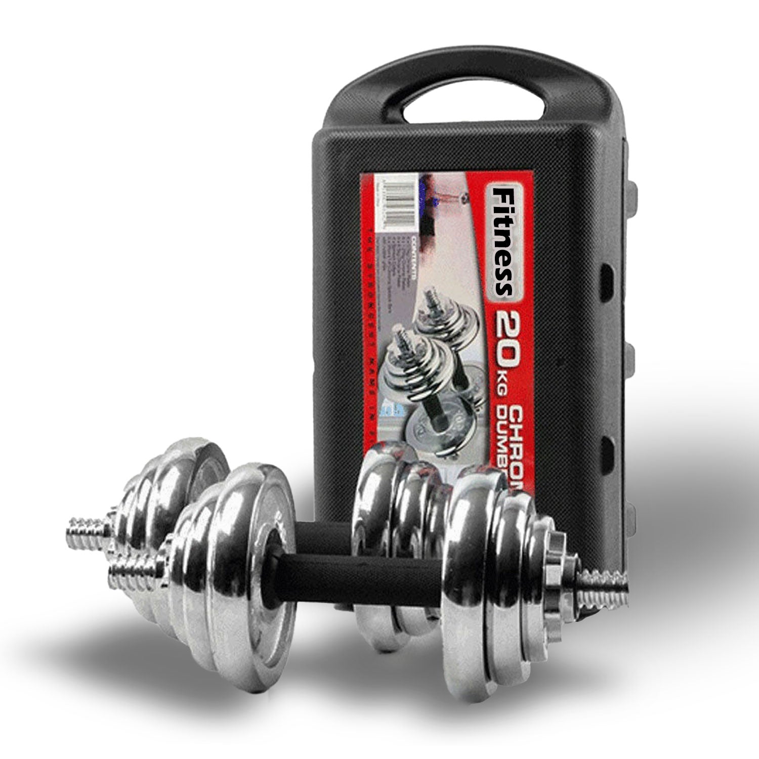 20kg chrome dumbbell set with matching weight plates and storage case for home gym fitness training by Online Fitness Depot.