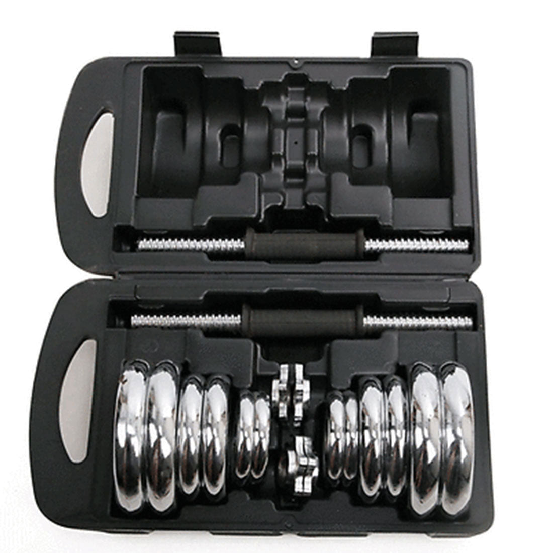 20kg chrome dumbbell set with two fitness dumbbells for home gym strength training, included in a carrying case.