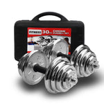 30kg chrome dumbbell set from Online Fitness Depot with fitness case, ideal for home gym strength training and free weight workouts.